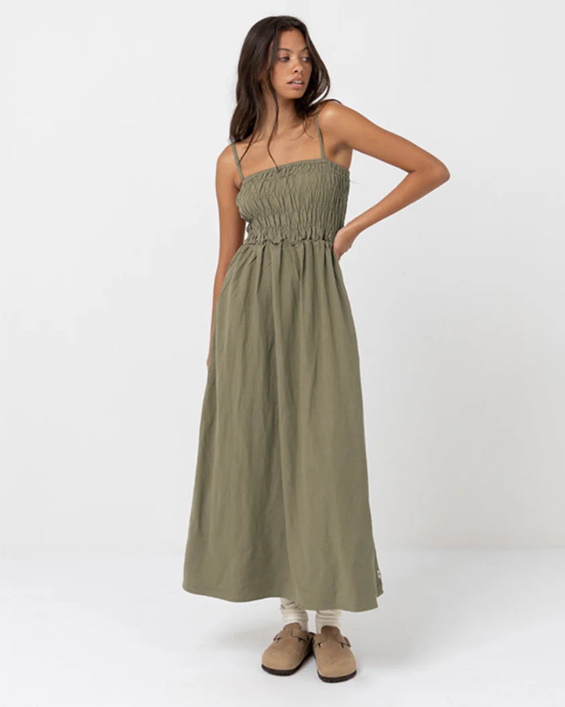 Rhythm Classic Shirred Midi Dress - Olive - Small Rhythm Classic Shirred Midi Dress - Olive - Small