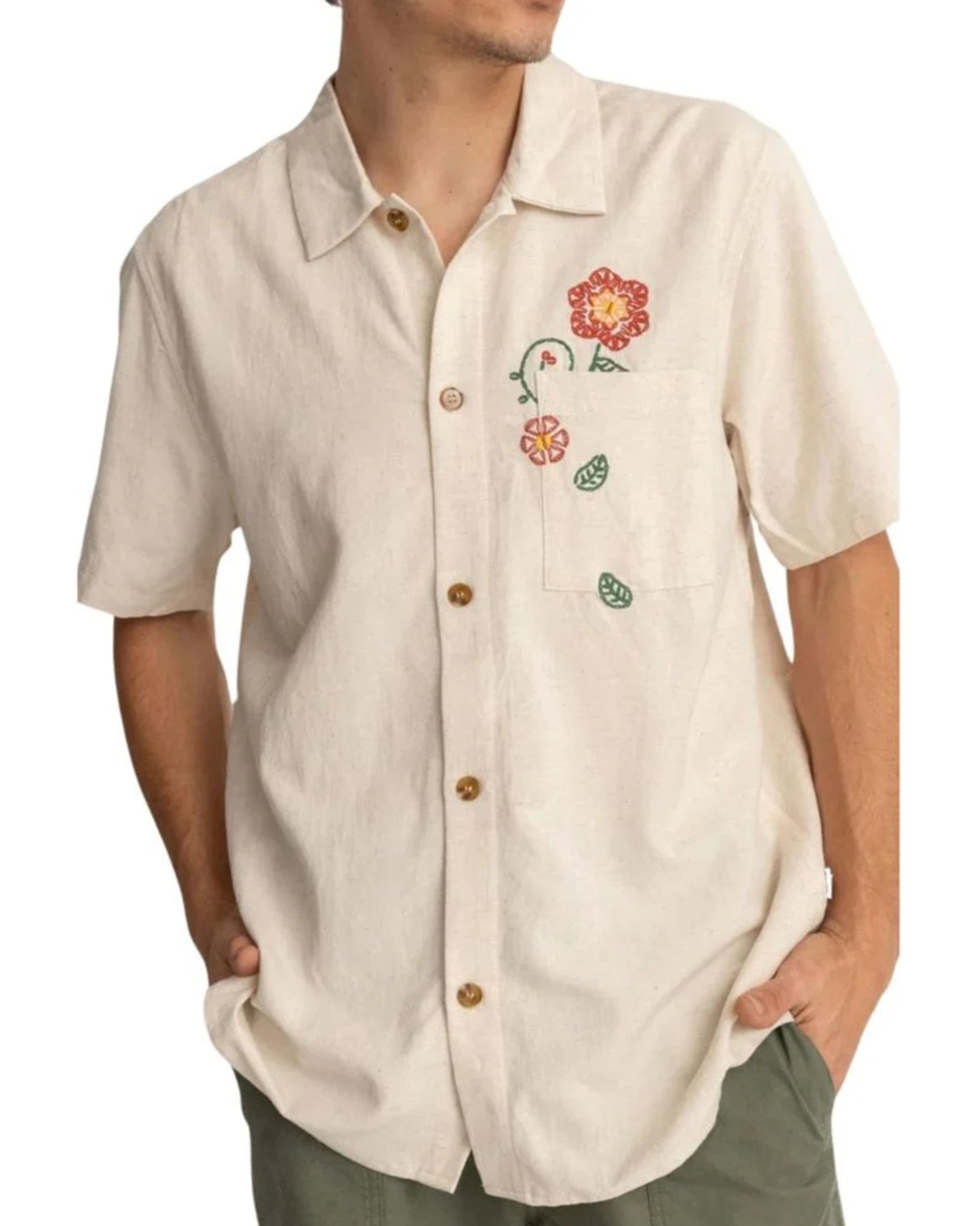 Flower Embroidery S/S Shirt - Natural – Jack's Surfboards