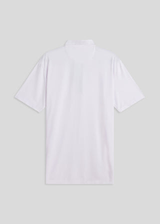 White bladed collar polo shirt, sleek performance fabric for modern athletic style.