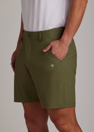 Olive golf walk shorts made from ultra-lightweight, four-way stretch fabric.