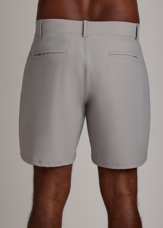 Light grey golf walk shorts crafted from ultra-lightweight, four-way stretch fabric.