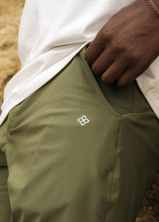 Olive golf walk shorts made from ultra-lightweight, four-way stretch fabric.