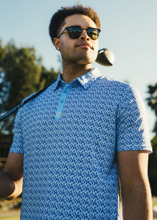 Matrix blue classic fit polo shirt crafted from stretchy fabric for maximum movement.