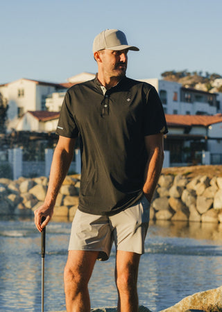 Black bladed collar polo shirt featuring a sleek design for ultimate comfort.