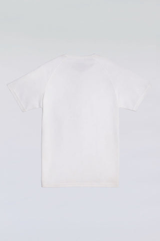 White 3-button polo tee with modern sport collar, breathable micro-mesh for active wear.