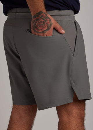 Gray hyper-breathable active shorts with drawstring waistband for running and training.
