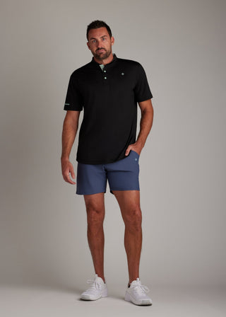 Black bladed collar polo shirt combining functionality and a modern aesthetic.
