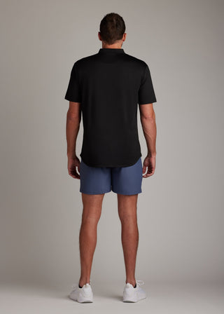 Black bladed collar polo shirt crafted from sleek performance fabric for modern style.