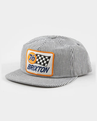 Brixton 76 Finish Line Snapback Hat - Navy/Off White Hickory Stripe