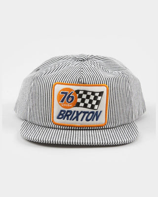 Brixton 76 Finish Line Snapback Hat - Navy/Off White Hickory Stripe