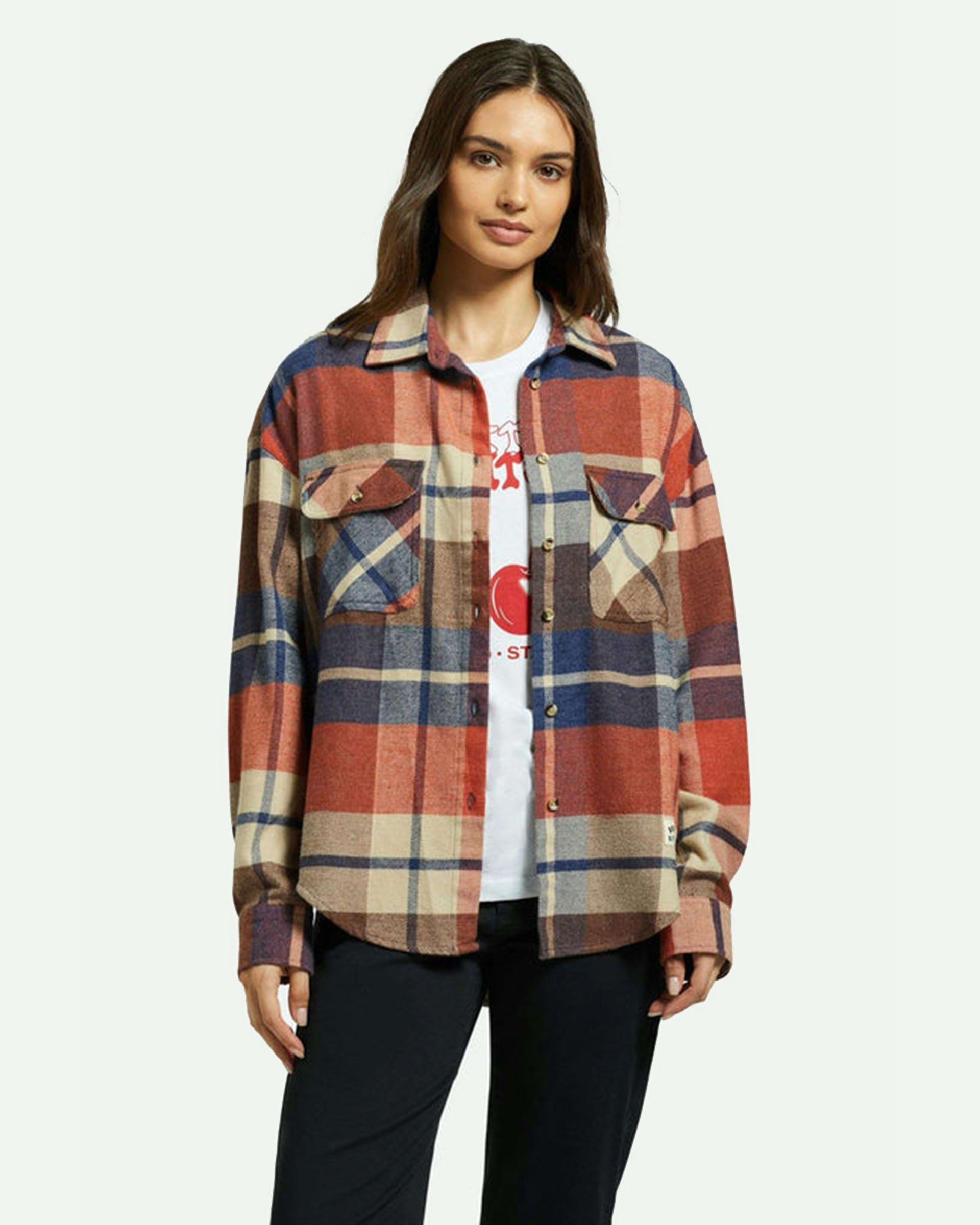 Brixton Women's Bowery Classic Long Sleeve Flannel - Navy/Mars Red/Whitecap