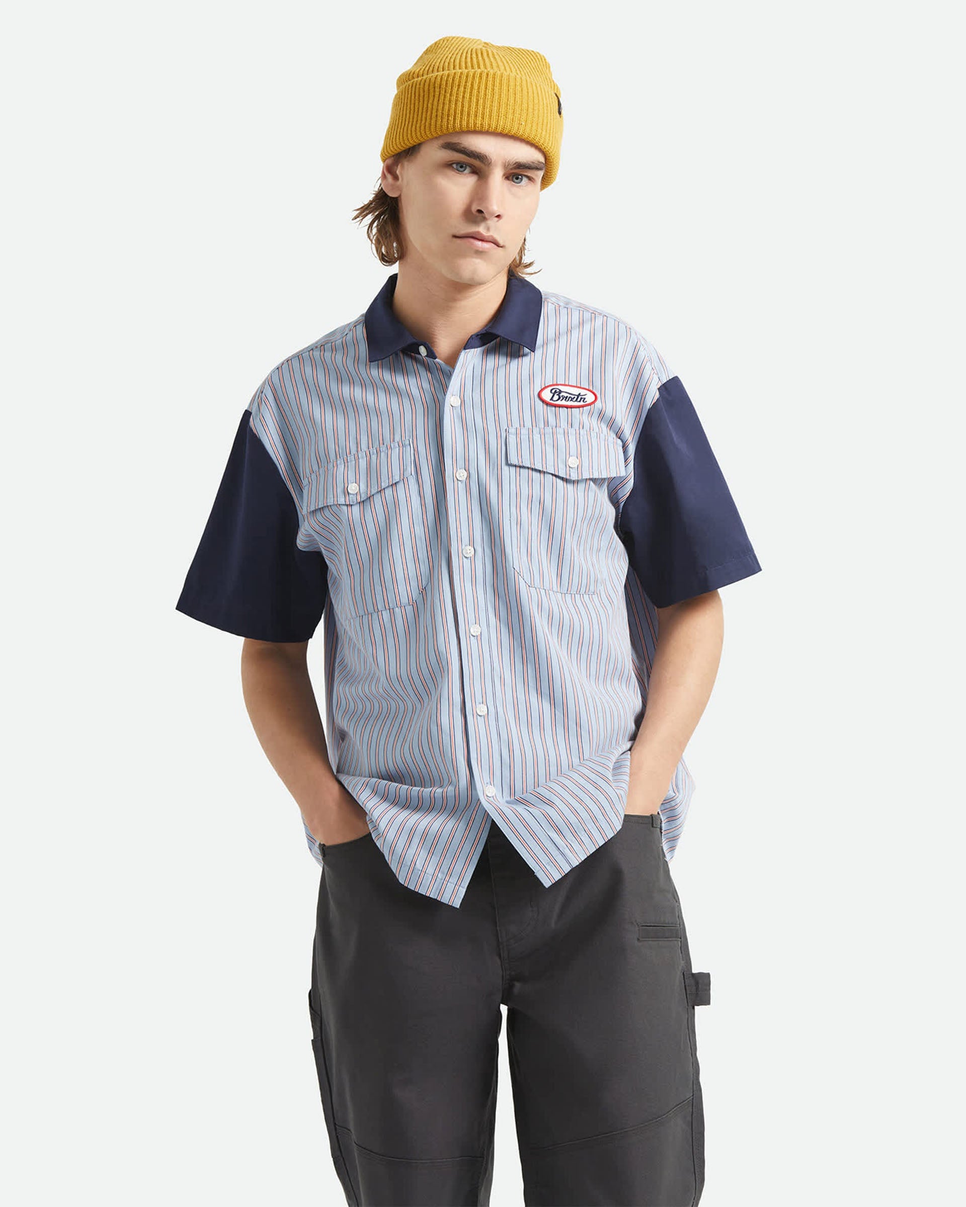 Brixton Builders Olson Short Sleeve Shirt - Blue Aura Stripe