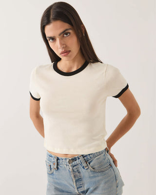 Brixton Women's Carefree Organic Garment Dye Ringer Short Sleeve T-Shirt - Off White/Black