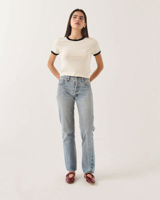 Brixton Women's Carefree Organic Garment Dye Ringer Short Sleeve T-Shirt - Off White/Black