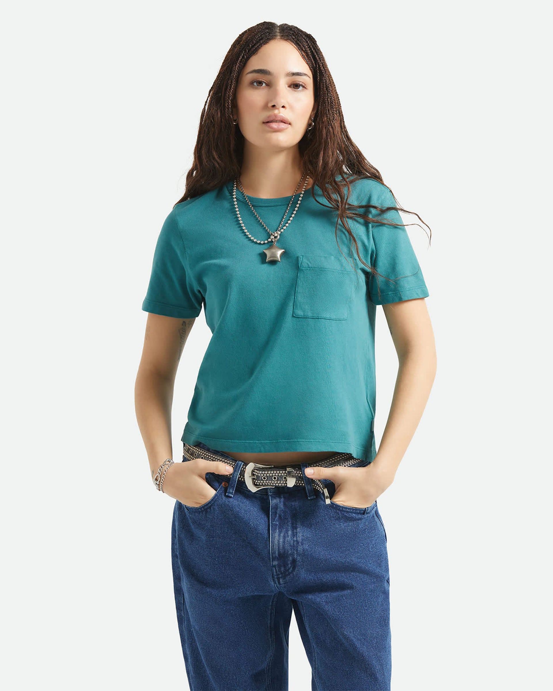 Brixton Women's Carefree Organic Garment Dye Perfect T-Shirt - Washed Mediterranean Teal