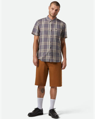 Brixton Charter Linen Blend Short Sleeve Woven Shirt - Charcoal/Beige Plaid