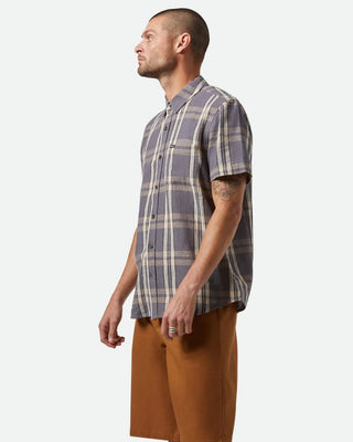 Brixton Charter Linen Blend Short Sleeve Woven Shirt - Charcoal/Beige Plaid