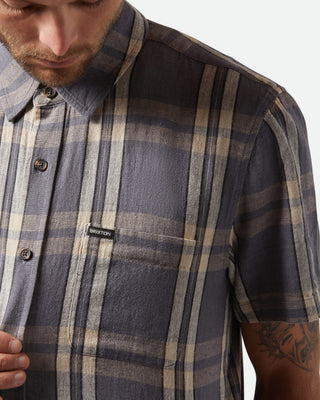 Brixton Charter Linen Blend Short Sleeve Woven Shirt - Charcoal/Beige Plaid