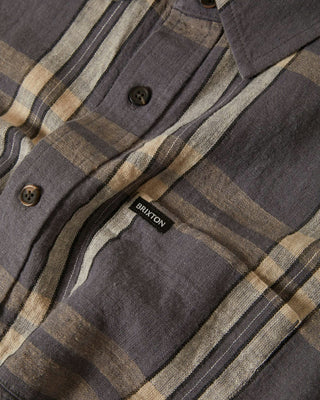 Brixton Charter Linen Blend Short Sleeve Woven Shirt - Charcoal/Beige Plaid