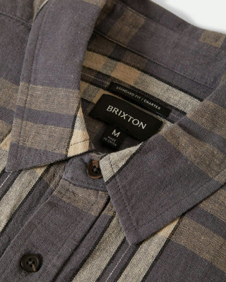 Brixton Charter Linen Blend Short Sleeve Woven Shirt - Charcoal/Beige Plaid