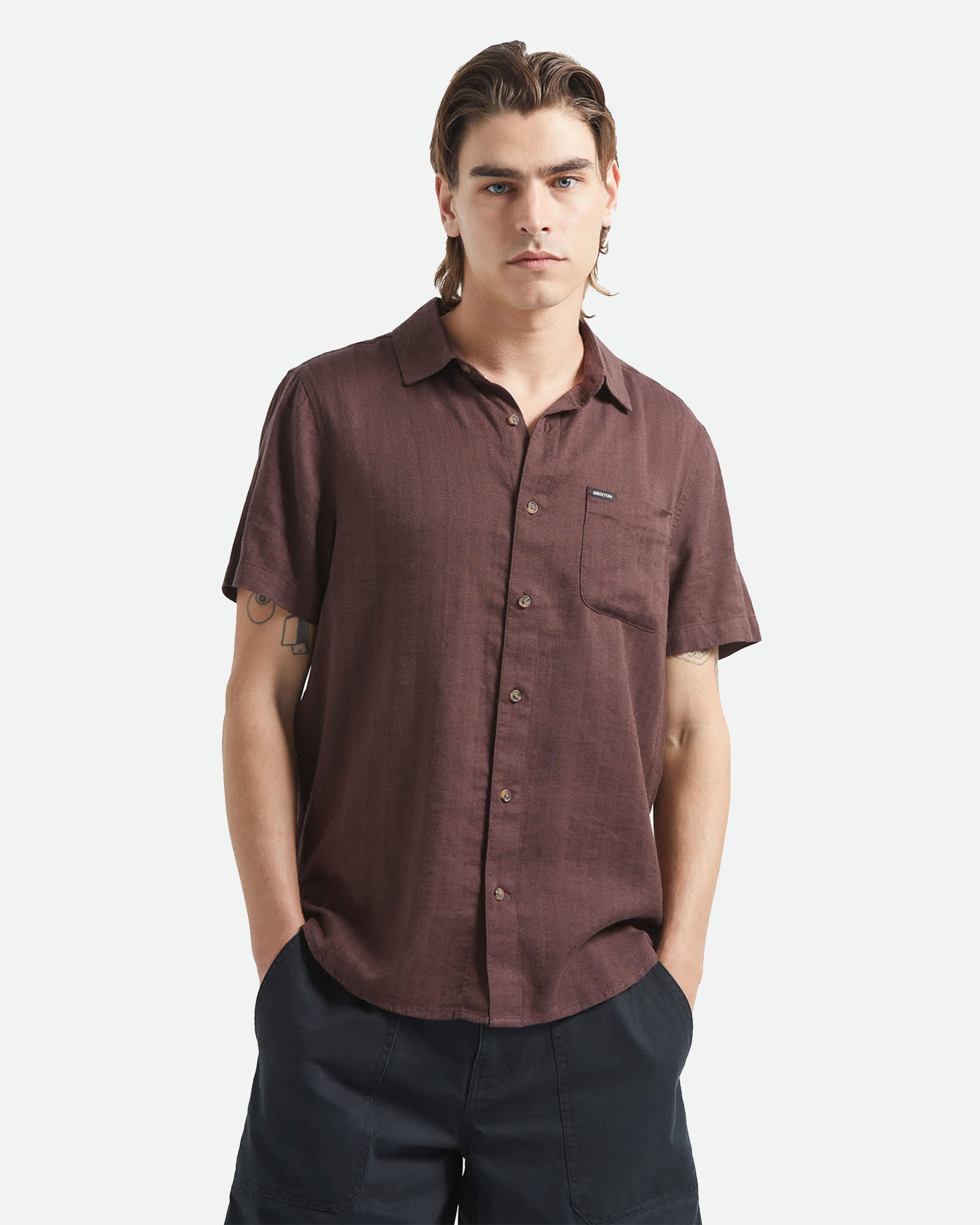 Brixton Charter Slub Short Sleeve Woven Shirt - Chocolate