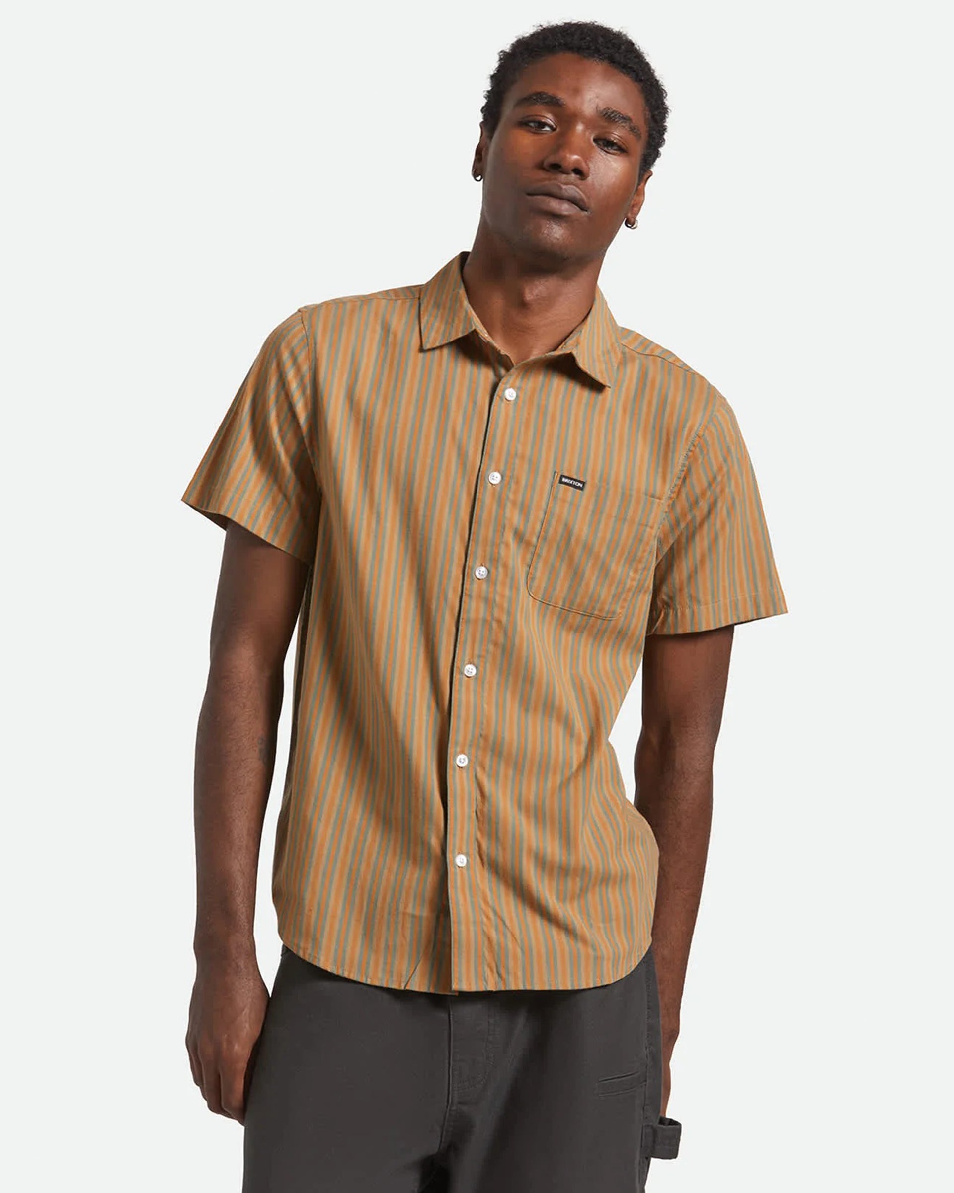 Brixton Charter Stripe Short Sleeve Shirt - Rustic Caramel/Night Sage
