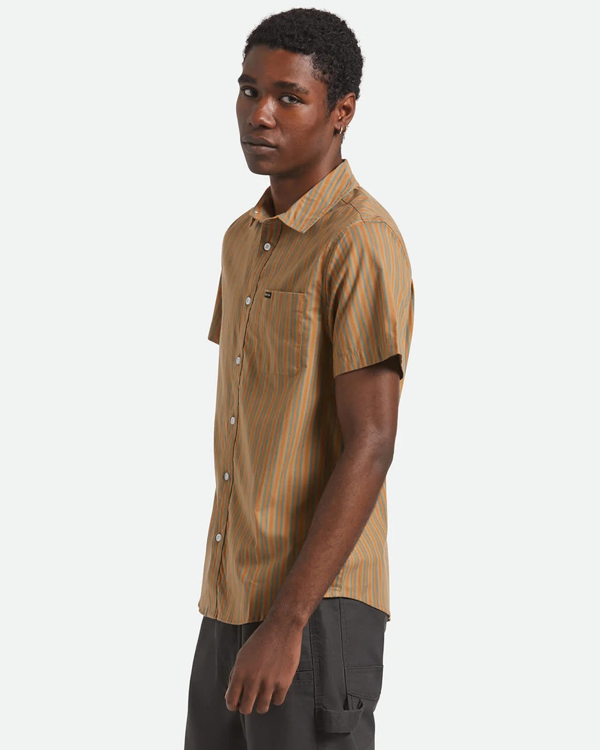 Brixton Charter Stripe Short Sleeve Shirt - Rustic Caramel/Night Sage