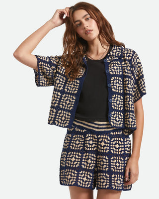 Brixton Women's Crochet Short Sleeve Button Down Shirt - Mood Indigo/Off White