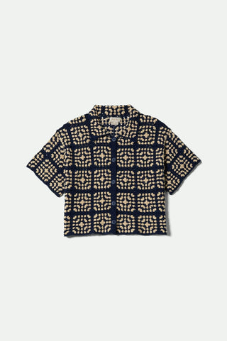 Brixton Women's Crochet Short Sleeve Button Down Shirt - Mood Indigo/Off White