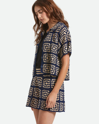 Brixton Women's Crochet Short Sleeve Button Down Shirt - Mood Indigo/Off White