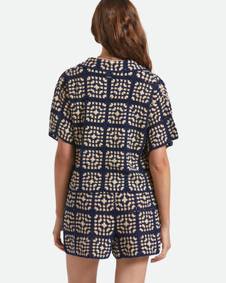 Brixton Women's Crochet Short Sleeve Button Down Shirt - Mood Indigo/Off White