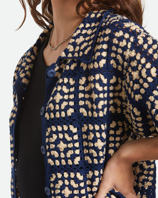 Brixton Women's Crochet Short Sleeve Button Down Shirt - Mood Indigo/Off White