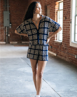 Brixton Women's Crochet Short Sleeve Button Down Shirt - Mood Indigo/Off White