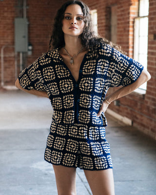 Brixton Women's Crochet Short Sleeve Button Down Shirt - Mood Indigo/Off White