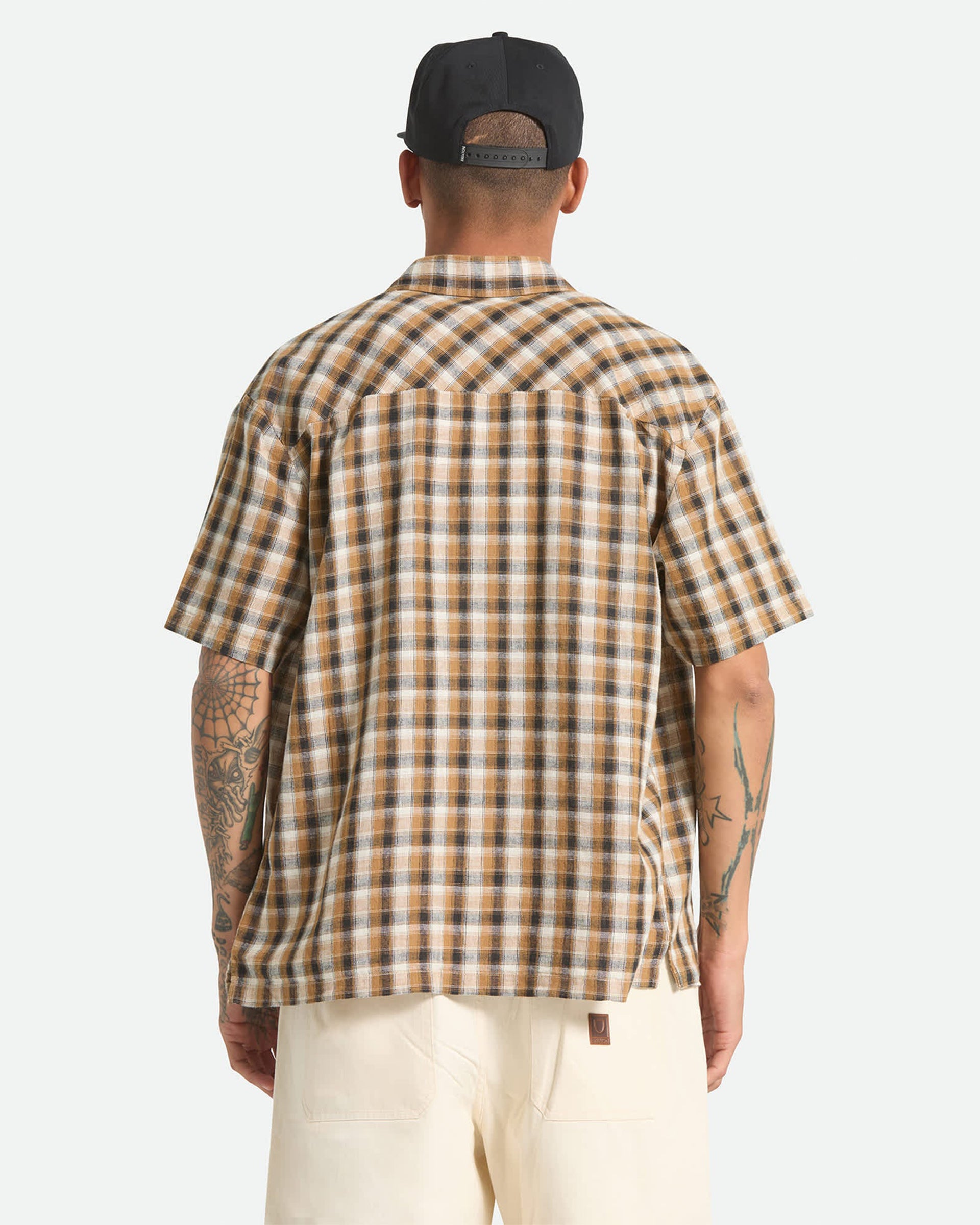 Brixton Cru Linen Blend Plaid S/S Shirt - Black/Tobacco Plaid