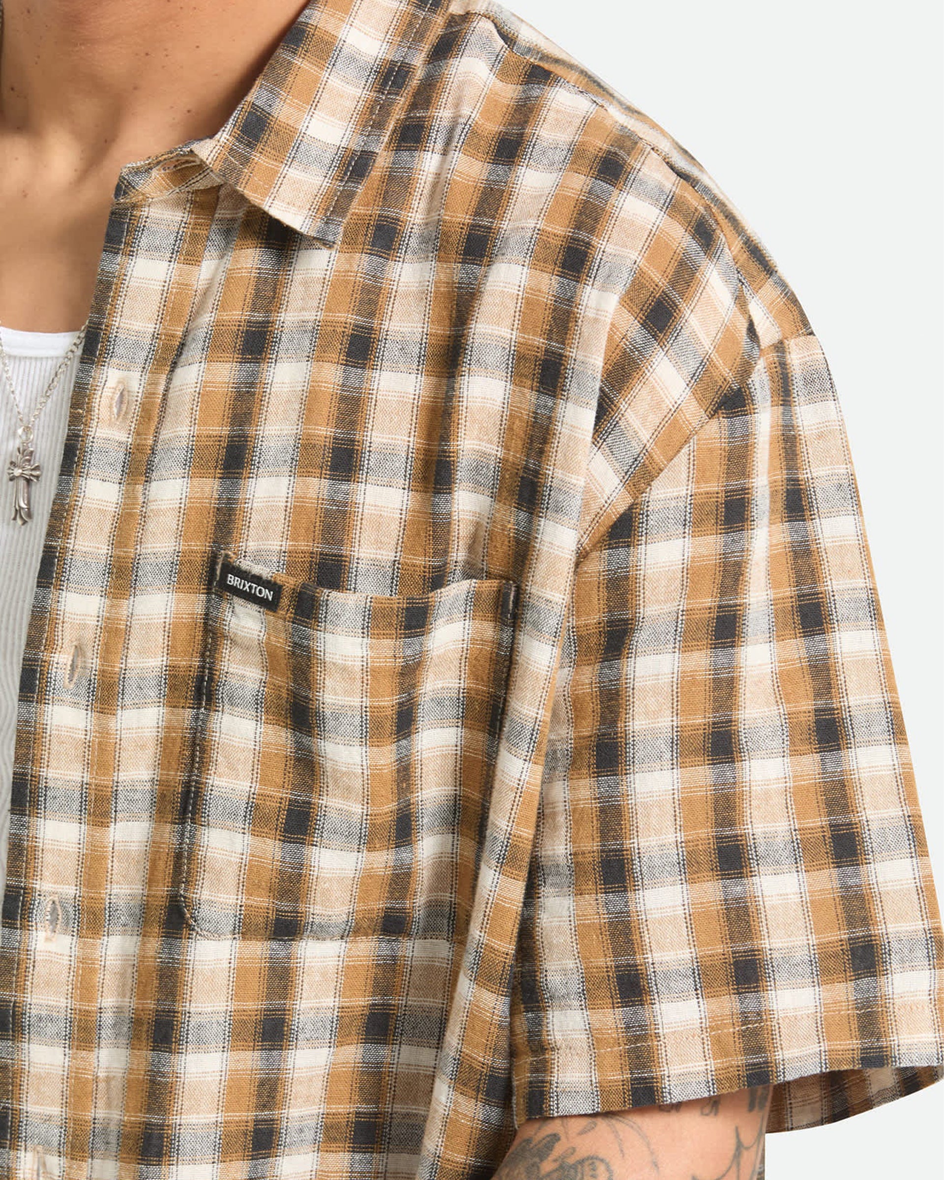 Brixton Cru Linen Blend Plaid S/S Shirt - Black/Tobacco Plaid