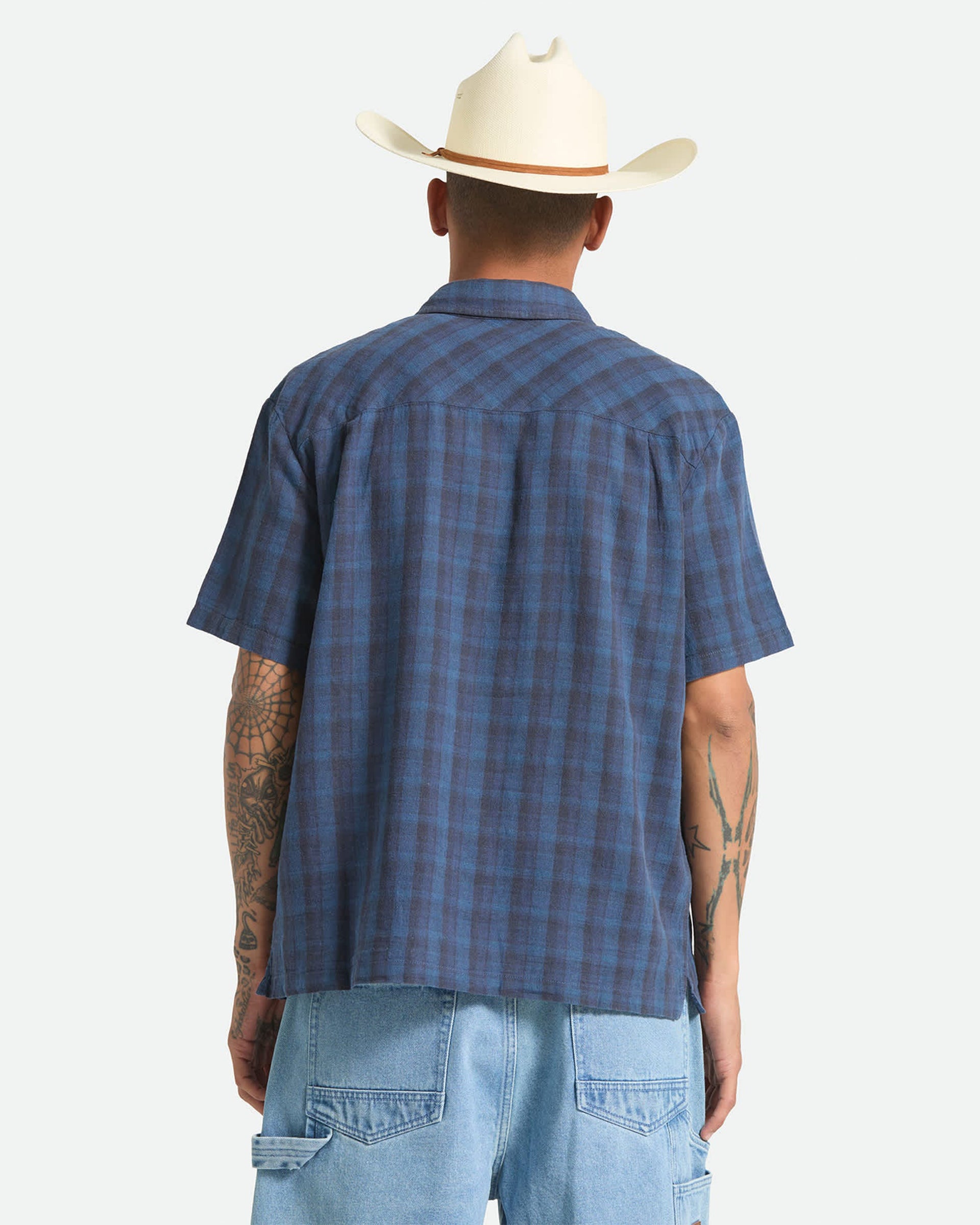 Cru Linen Blend Plaid S/S Shirt - Dark Blue/Black Plaid
