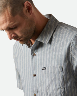 Brixton Cru Oxford Stripe Short Sleeve Shirt - Basalt Blue/Whitecap Stripe