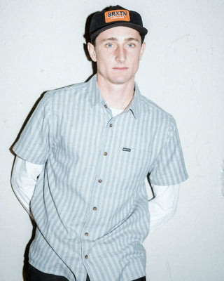 Brixton Cru Oxford Stripe Short Sleeve Shirt - Basalt Blue/Whitecap Stripe