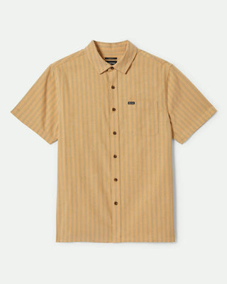 Brixton Cru Oxford Stripe Short Sleeve Shirt - Curry/Green Stripe