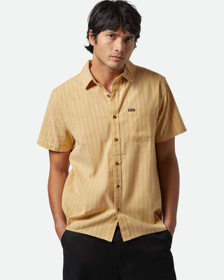Brixton Cru Oxford Stripe Short Sleeve Shirt - Curry/Green Stripe