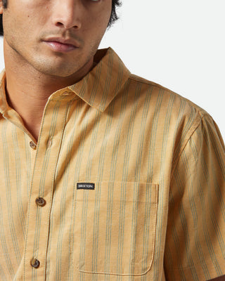 Brixton Cru Oxford Stripe Short Sleeve Shirt - Curry/Green Stripe