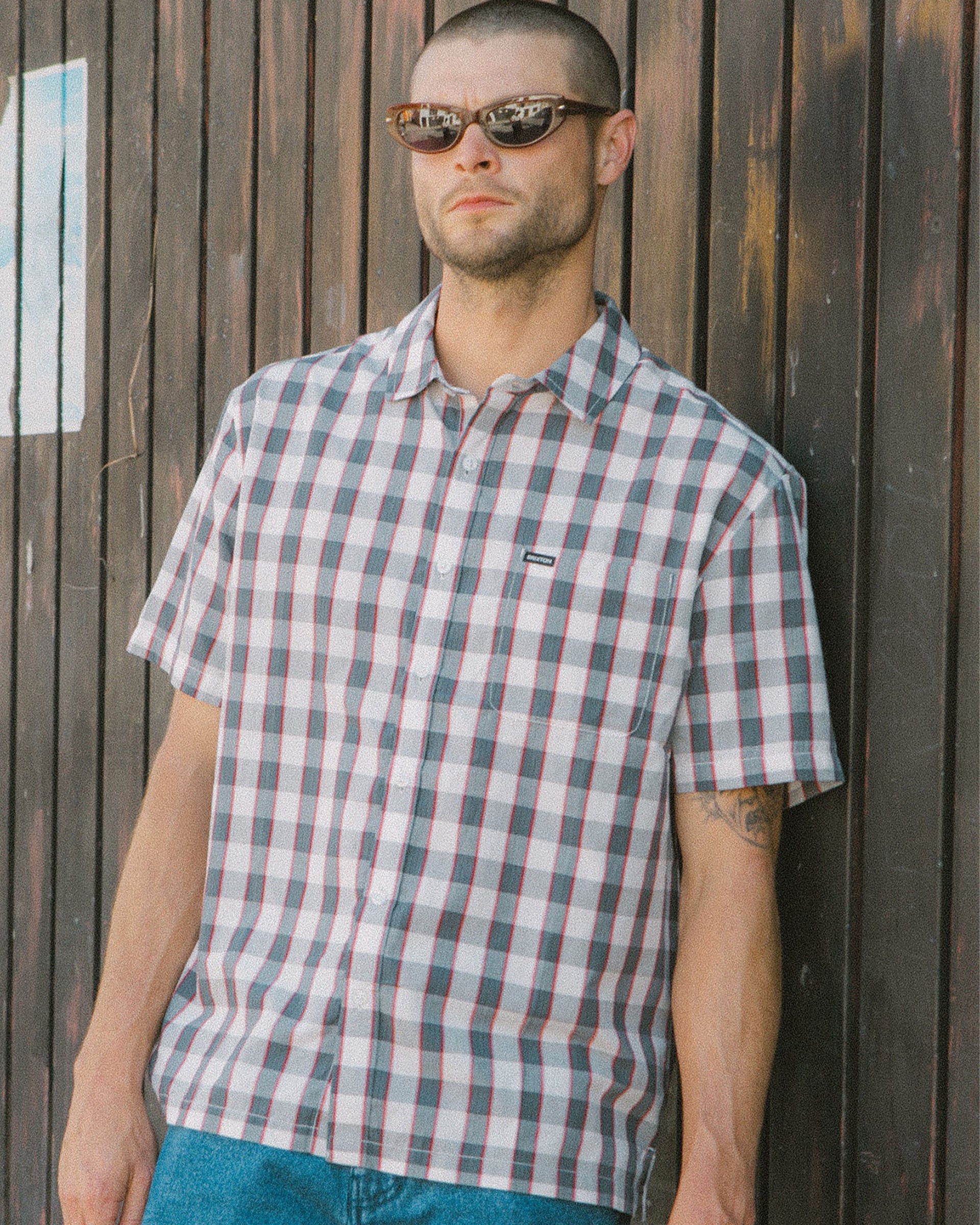 Brixton Cru Plaid Short Sleeve Shirt - Black/Off White/Red