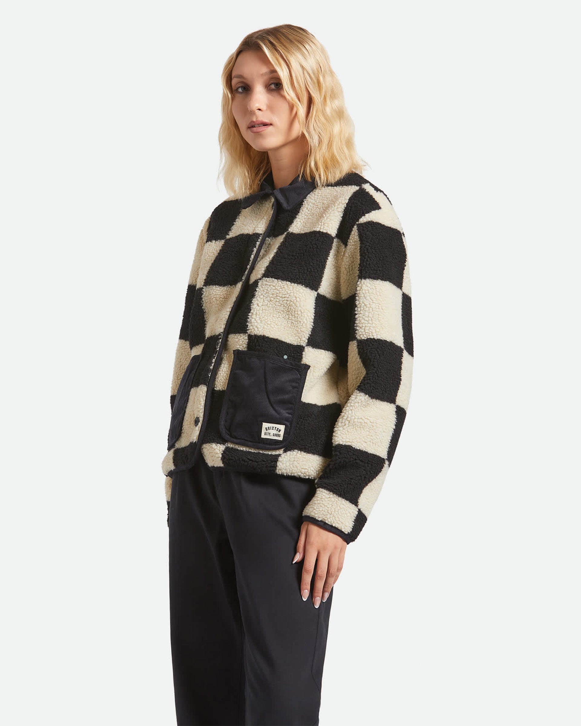 Brixton Women's Delilah Sherpa Jacket - Black/Natural Finish Line Checker
