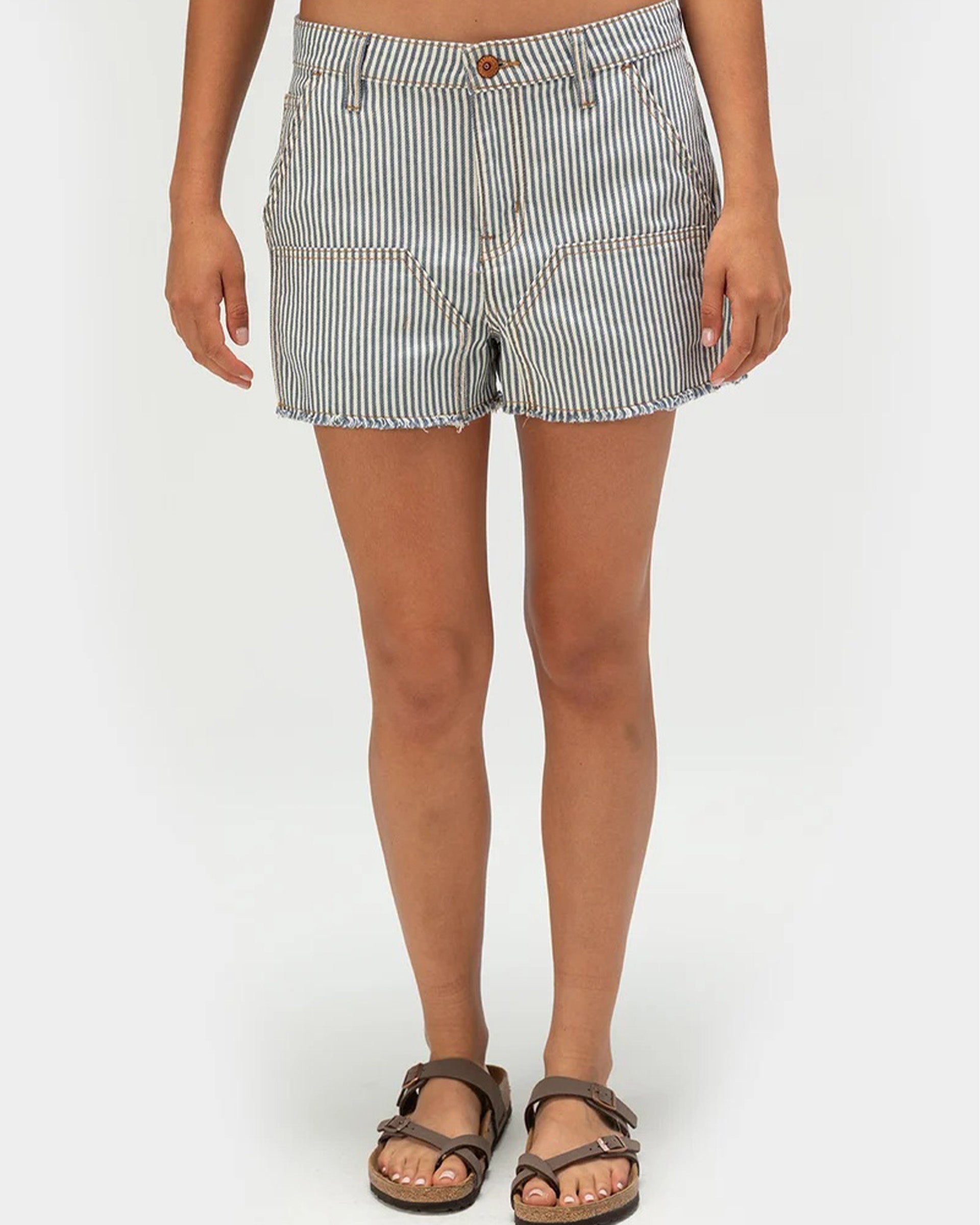 Brixton Women's Essex Cut Off Painter Short - Azure Blue Pinstripe