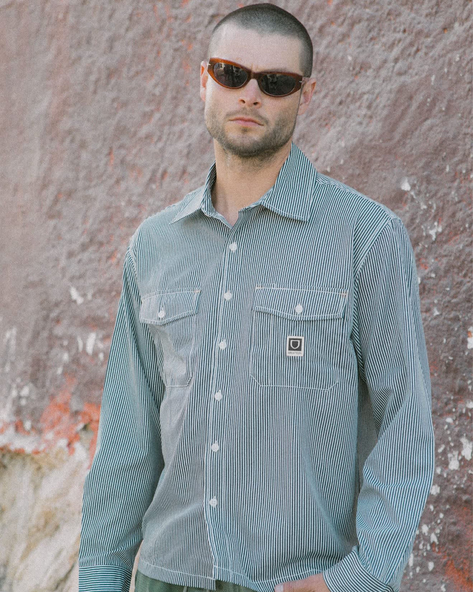 Brixton Journey Lightweight Long Sleeve Shirt - Navy/White Stripe