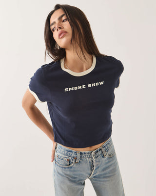 Women's Smoke Show Baby T-Shirt - Washed Navy/Whitecap