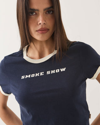 Women's Smoke Show Baby T-Shirt - Washed Navy/Whitecap