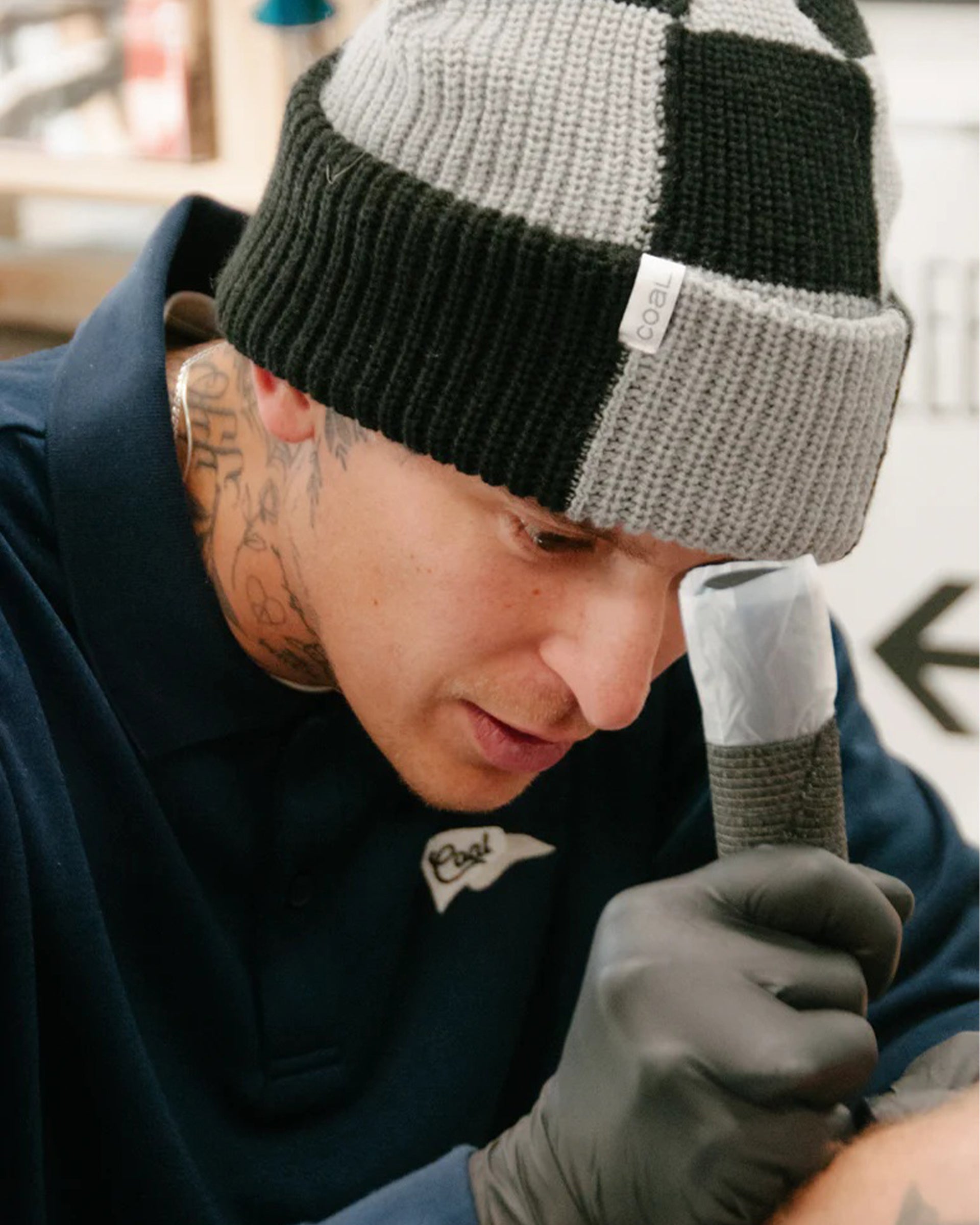 Coal Headwear The Frena Baggy Thick Knit Cuff Beanie - Mid Grey Check