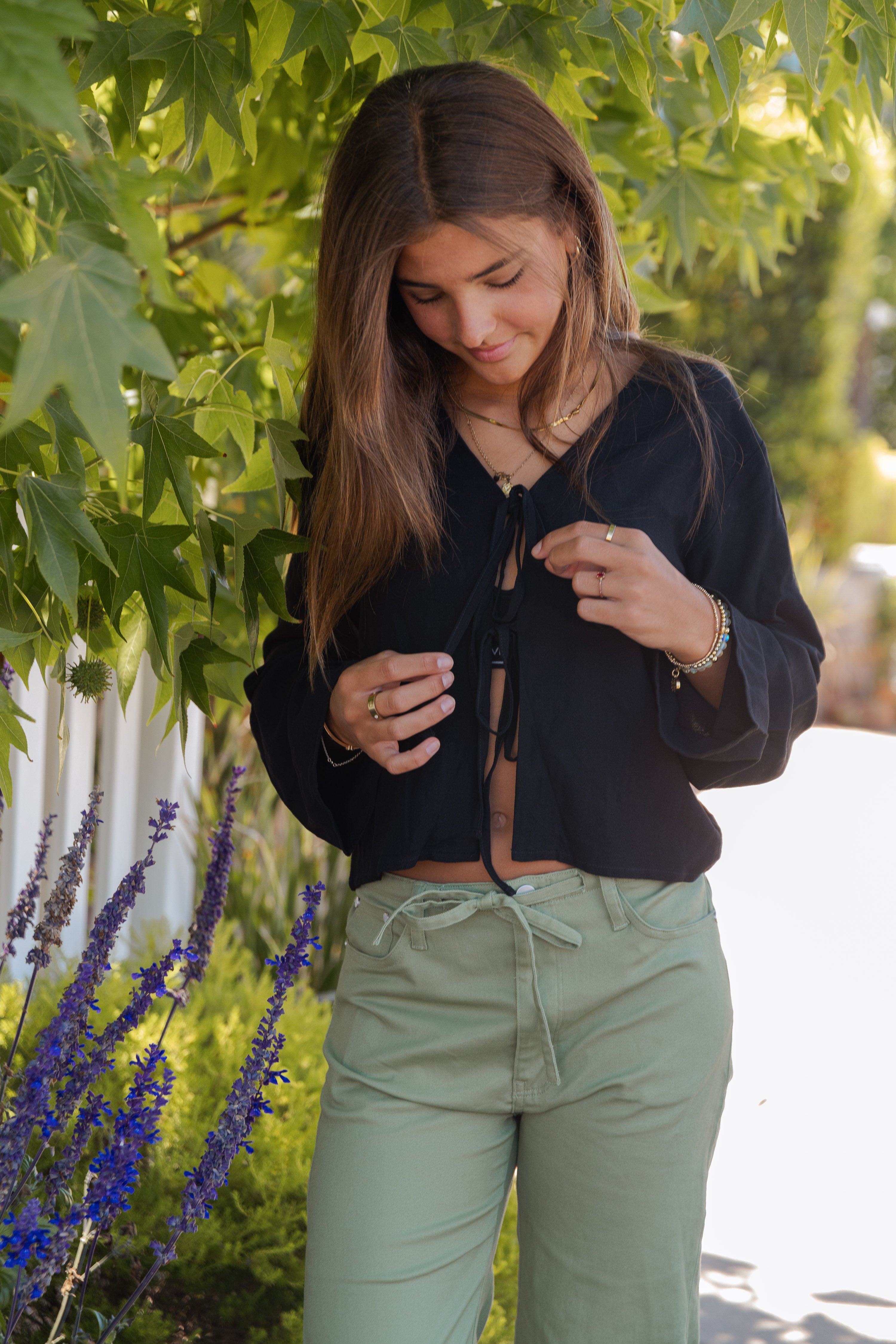 Lele Mar Women's Kit Front Tie Long Sleeve Top - Black